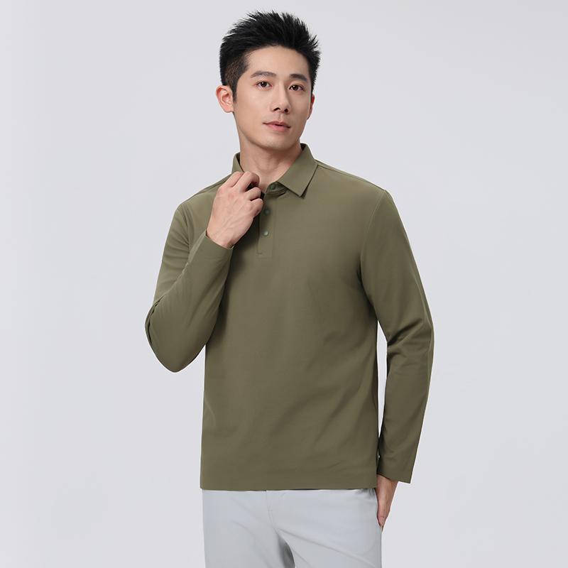 HT042-042 Premium brushed thermal‑feel seamless bonded double-layer collar with colour‑matched snap buttons, long-sleeve polo